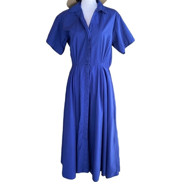 Vtg LANDS’ END Vintage Cobalt Navy blue pleated Shirt Dress Womens size M - Picture 12 of 12